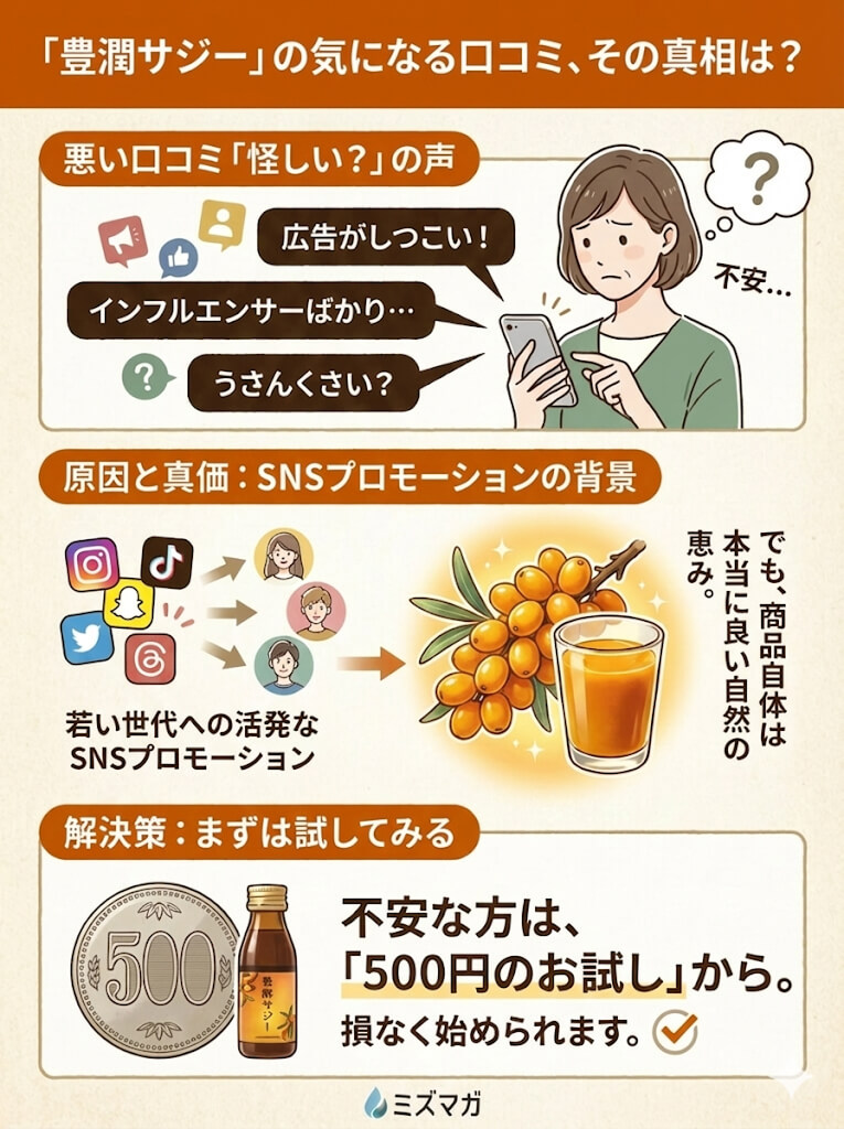 豊潤サジーが怪しいと言われている口コミについての解説